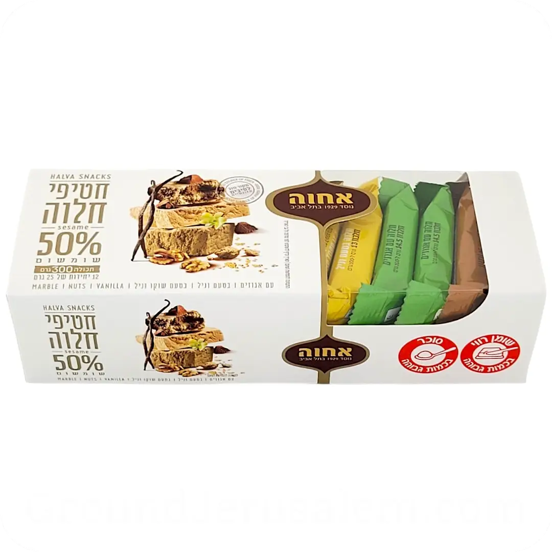 12 Halva Snack Bars 50% Sesame – Assorted Flavors Marble, Nuts, Vanilla by Achva 300g 7290000572673