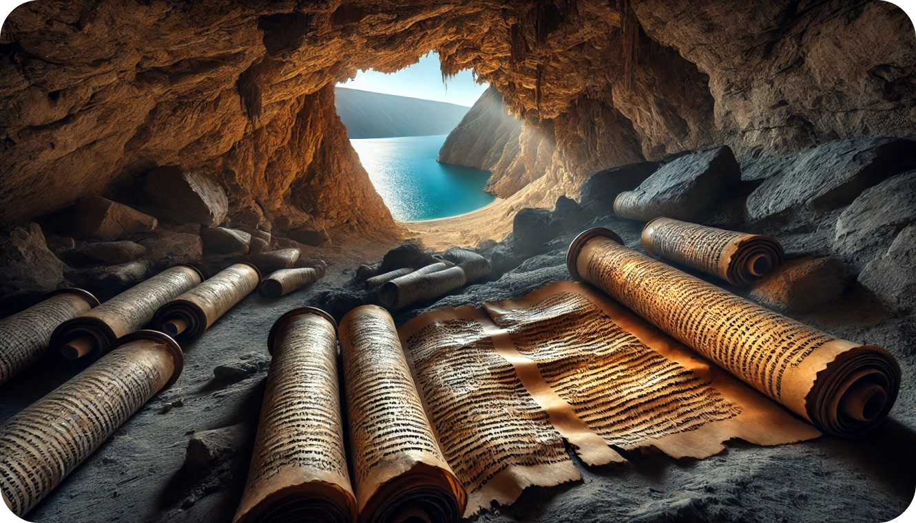 An image of the Dead Sea Scrolls Qumran Caves being discovered in a cave near the Dead Sea. The scene shows ancient parchment scrolls carefully laid out on a rocky