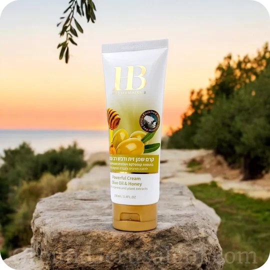 Cream enriched with Olive Oil and Honey, natural oil extracts, Vitamins A and E, and Dead Sea minerals, providing deep nourishment and hydration for the skin