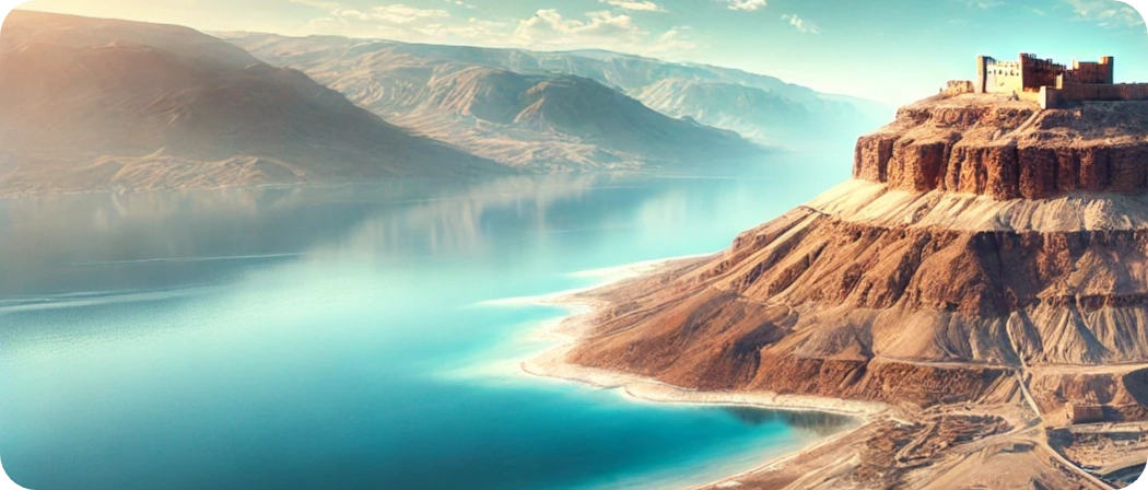 Dead Sea with the historical fortress of Masada on the western shore