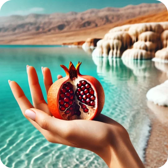 Female Hand holding pomegranate against the background of the Dead Sea and salt crystals