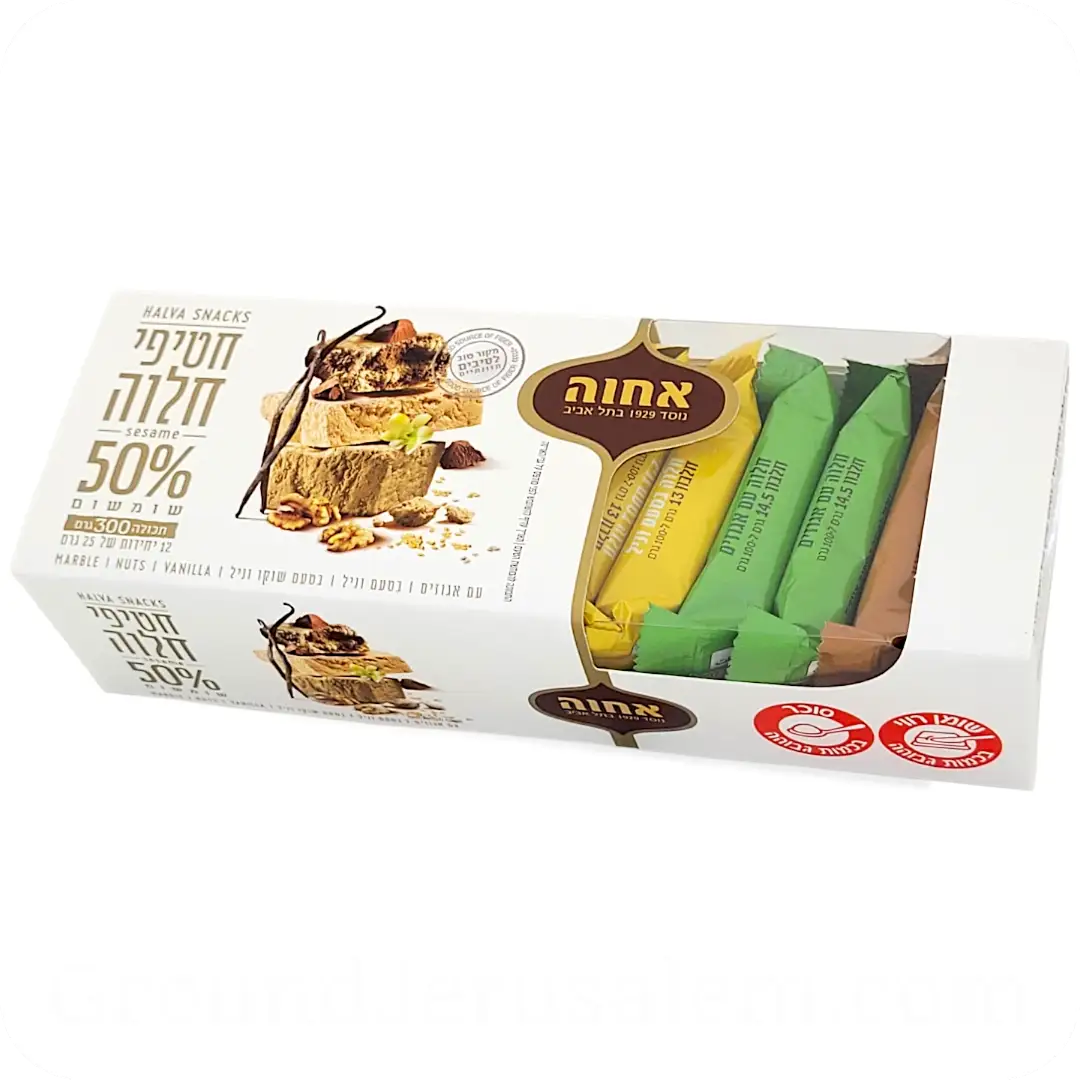 Made in Israel 12 Halva Snack Bars 50% Sesame – Assorted Flavors Marble, Nuts, Vanilla by Achva 300g 7290000572673