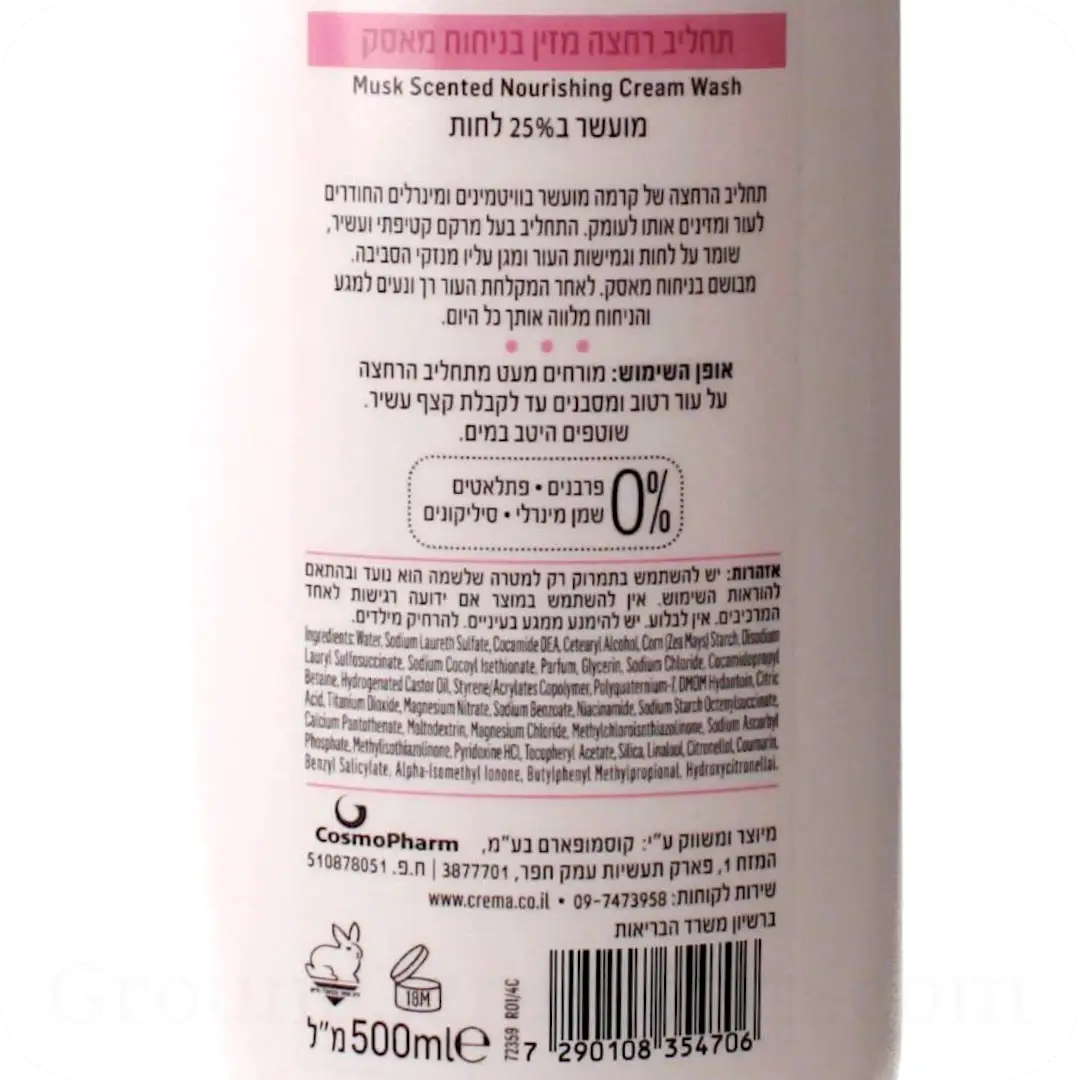 Musk Scented Nourishing Cream Wash by Crema ReMoist 500ml 7290108354706 Ingredients
