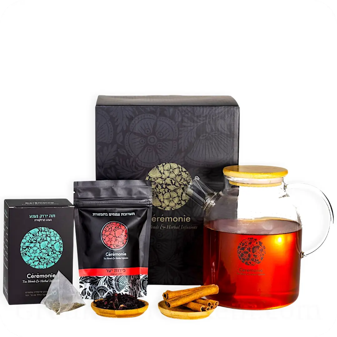 Tea Gift Box “Lapwing” – Large Glass Teapot, Premium Tea, Loose Berry Blend & Cinnamon by Ceremonie — Made in Israel