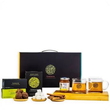 Tea Gift Box “Sandpiper” – Two Glass Cups, Premium Tea, Herbal Minis, Honey, Cinnamon & Sugar Cubes by Ceremonie — Made in Israel