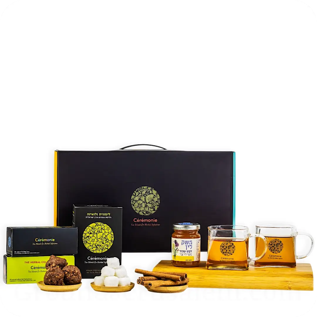 Tea Gift Box “Sandpiper” – Two Glass Cups, Premium Tea, Herbal Minis, Honey, Cinnamon & Sugar Cubes by Ceremonie — Made in Israel
