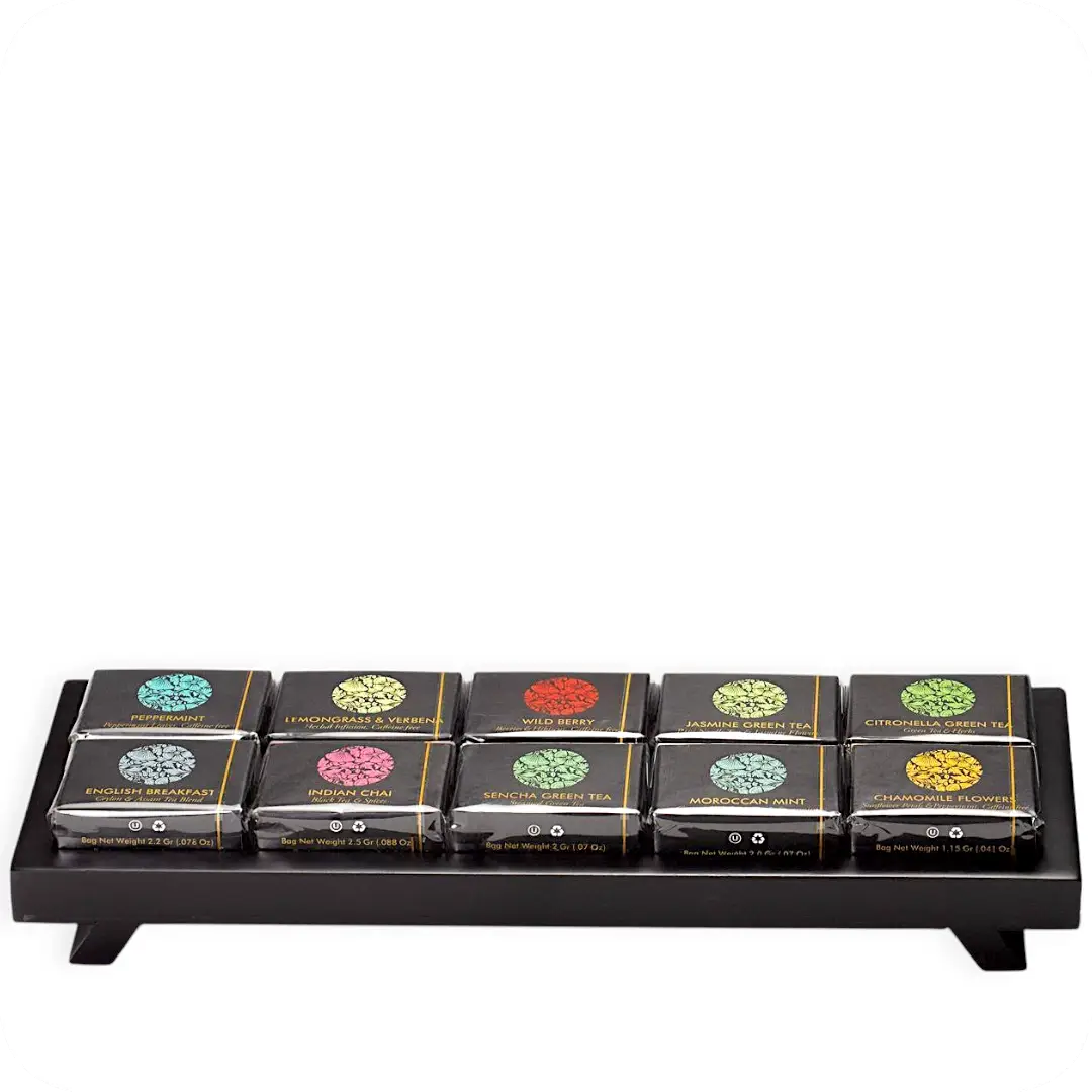Wooden Display Tray of 10 Mini Cube Teas – Premium Tea Blends & Herbal Infusions by Ceremonie 7290006899415 Unboxing up