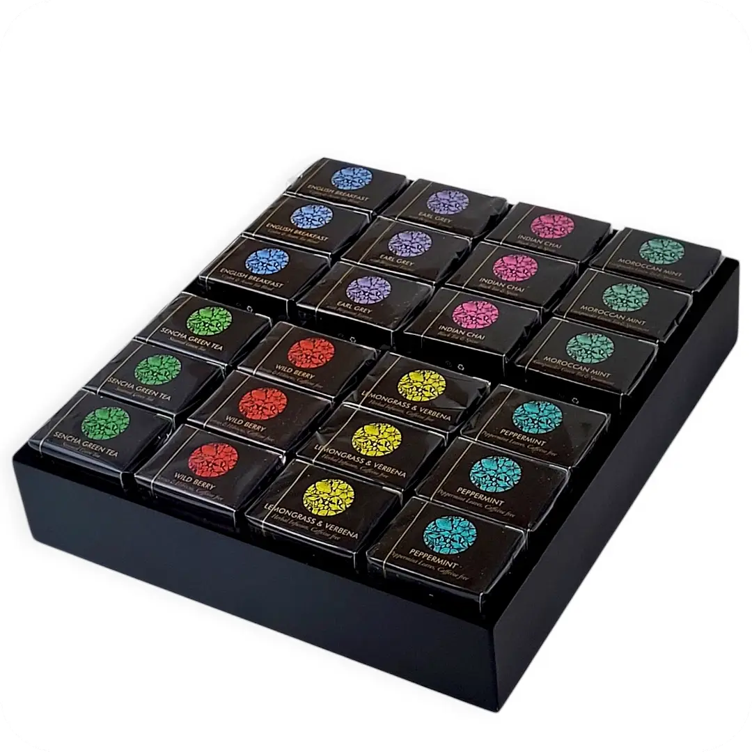 Wooden Display Tray of 48 Mini Cube Teas Classic Herbal Selection by Ceremonie 859617001722 Open
