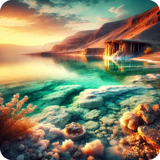 beautiful dead sea at sunset in golden and burgundy tones