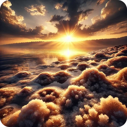 realistic and natural photo of the Dead Sea with salt crystals featuring a beautiful sea bottom in dark golden tones similar to the colors