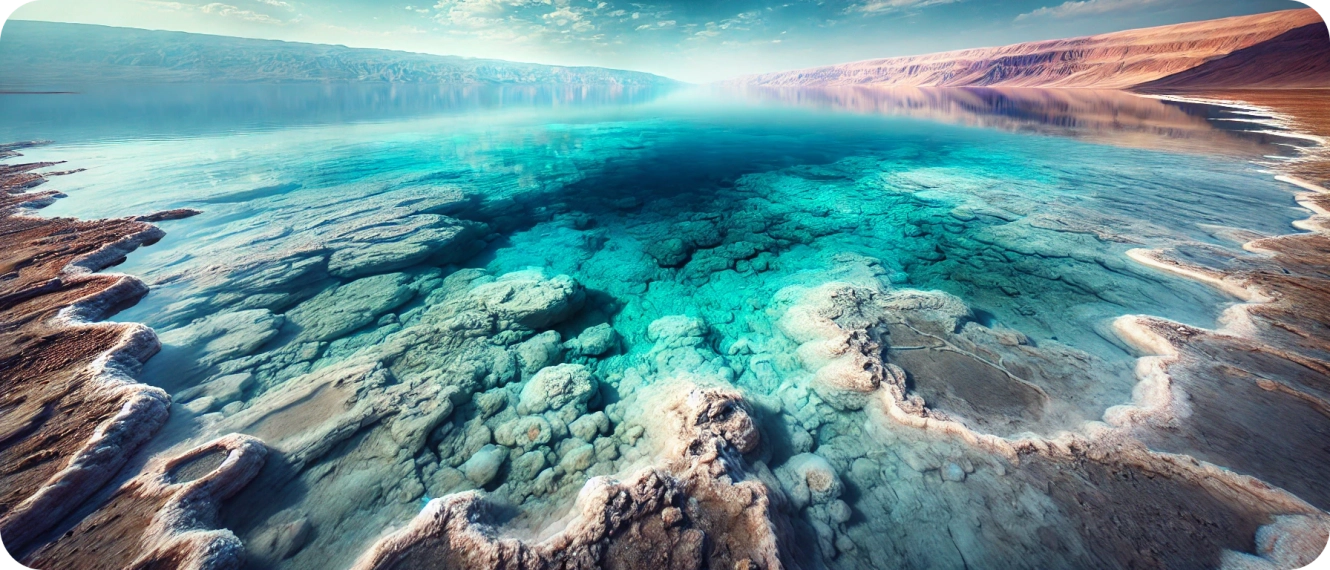 the Dead Sea with no fish or visible life still waters under a bright blue sky